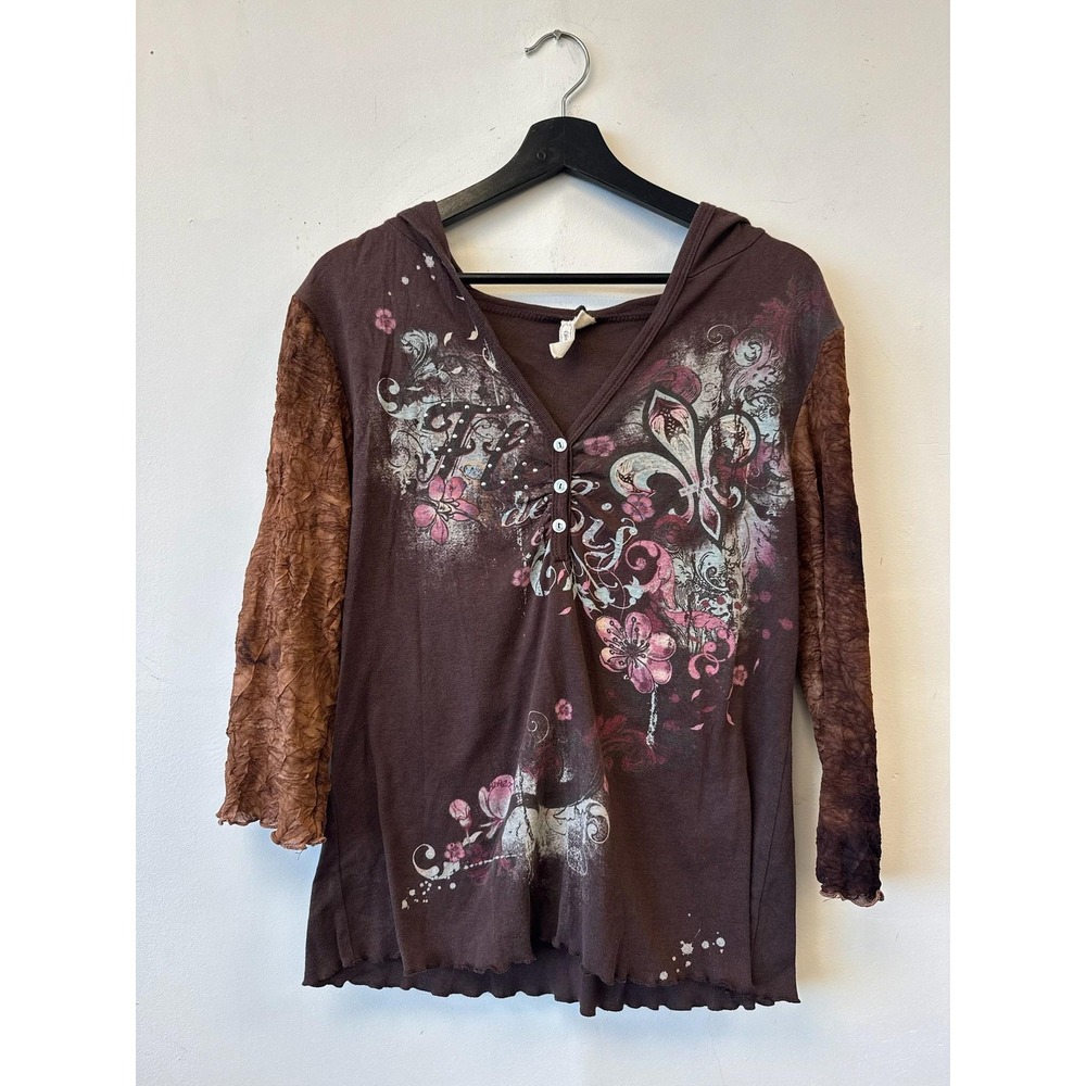 Fleur De Lis Shirt Womens Large Brown Hooded Floral Graphic Boho V Neck Grunge
